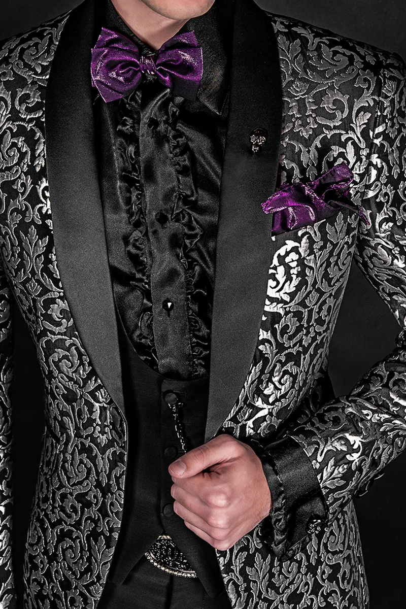 Chaqueta esmoquin moda hombre brocada plata y negro 2