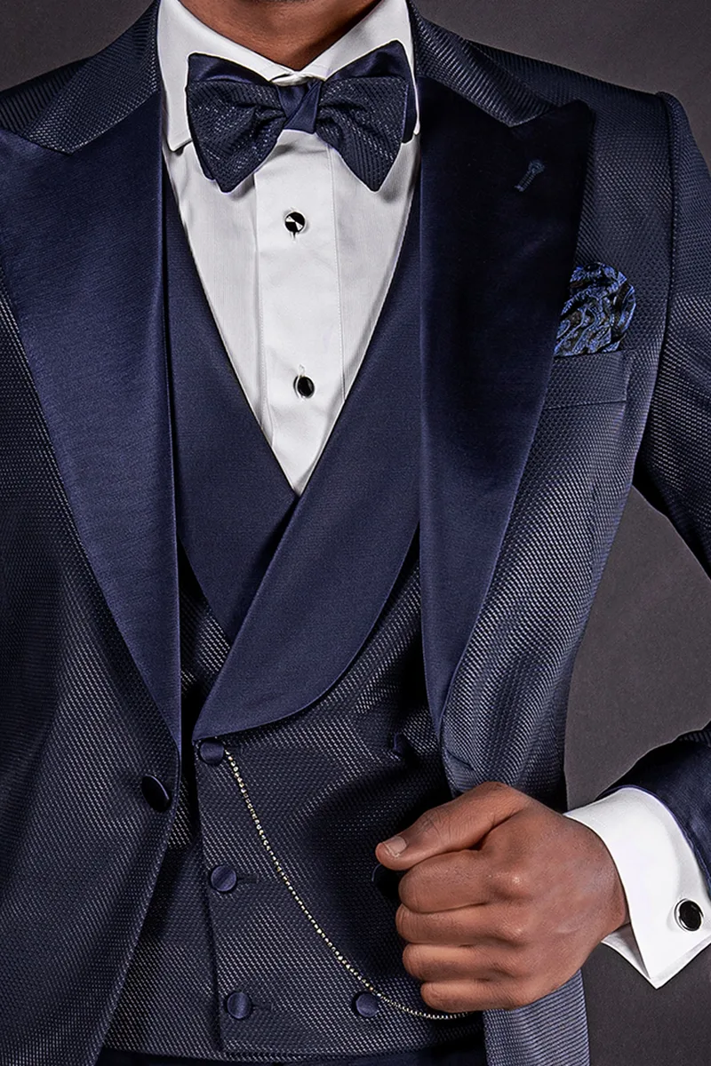 Gilet doppiopetto sciallato blu rever in raso