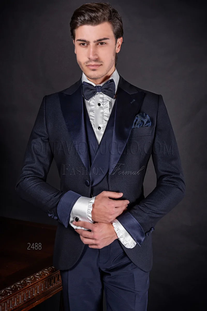 Men's formal suit in blue with satin inserts 1