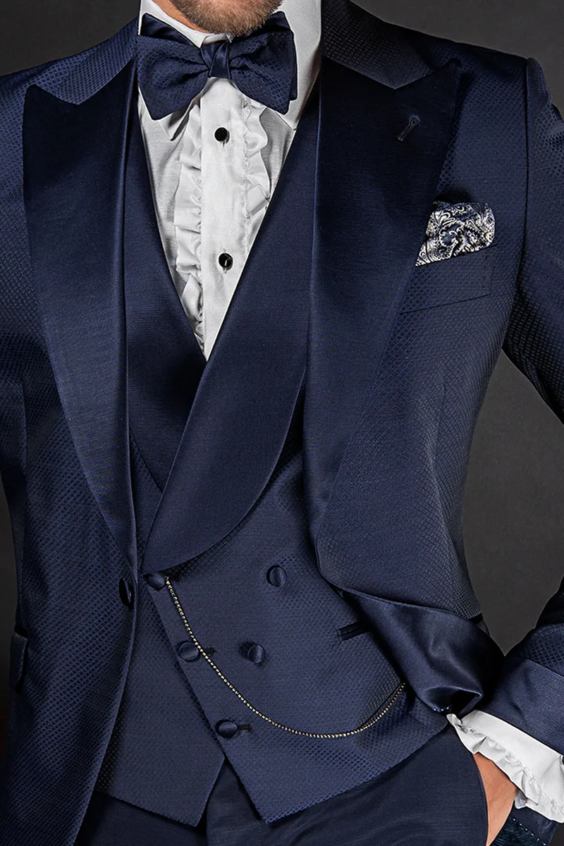Gilet asimmetrico doppiopetto sciallato jacquard blu rever in raso
