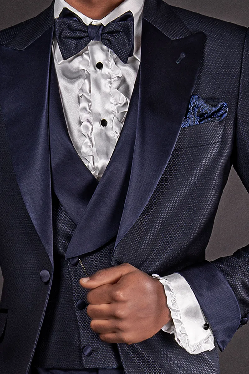 Gilet doppiopetto sciallato blu con rever in raso