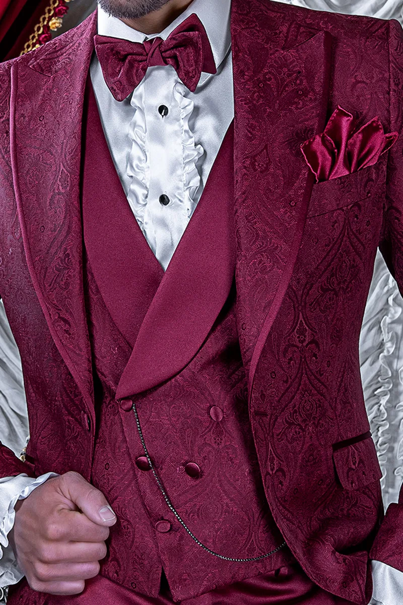Gilet asimmetrico doppiopetto sciallato in tessuto jacquard damascato rosso e rever in raso
