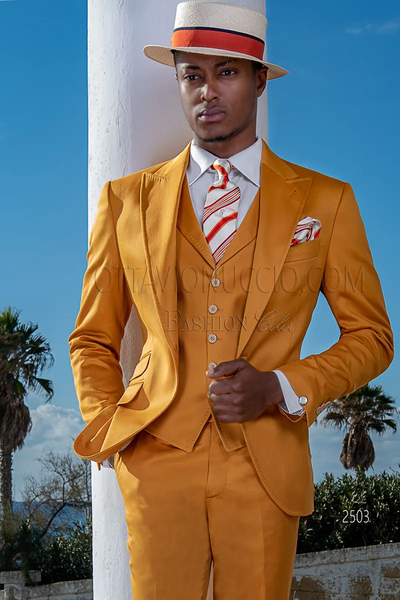 Men's suit for summer weddings in yellow cotton satin 1