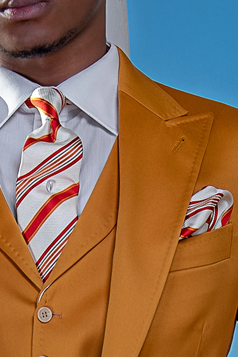 Cravatta e fazzoletto seta jacquard righe arancio su fondo bianco