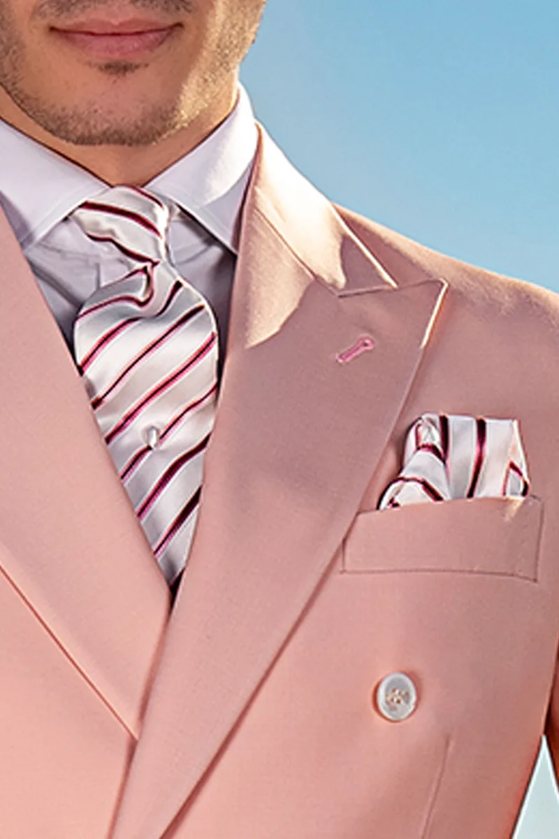 Cravatta e fazzoletto in seta jacquard righe su fondo bianco