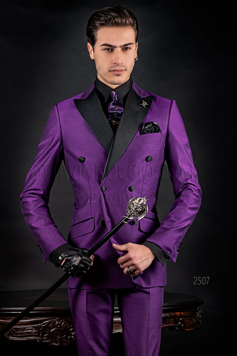 Men's modern double-breasted suit in purple and black wool blend 1