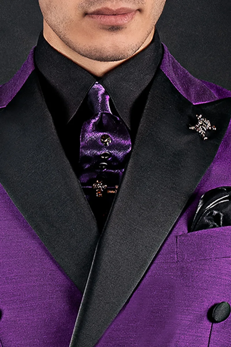Men's modern double-breasted suit in purple and black wool blend 2