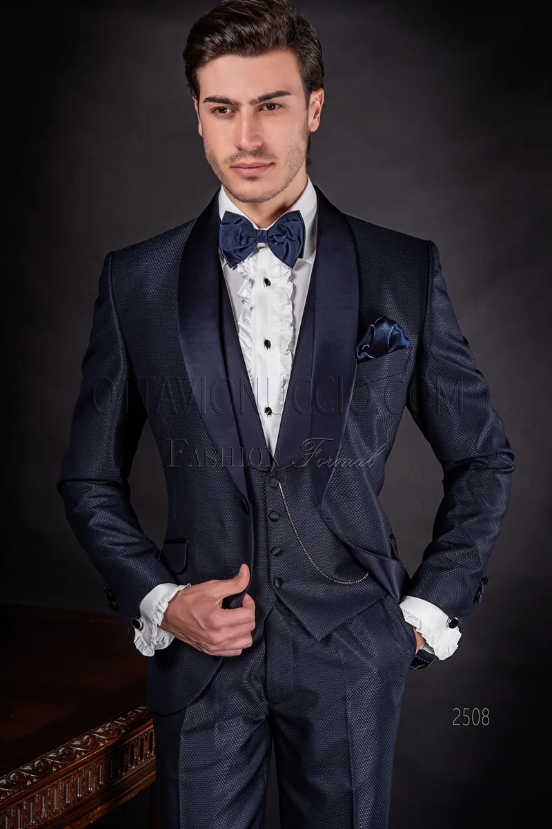 Men's fashion groom suit in blue, made to measure with shawl lapel 1