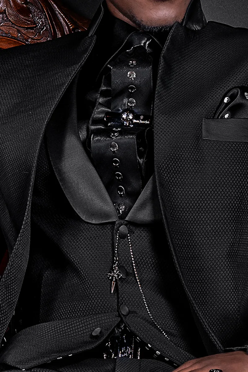 Gilet in microdisegni nero con collo sciallato
