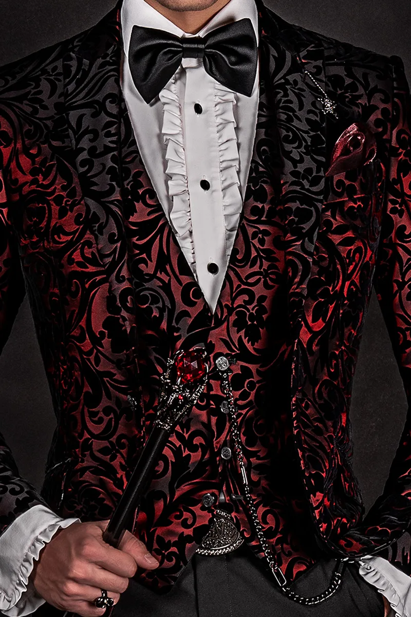 Gilet in velluto floccato nero su fondo rosso
