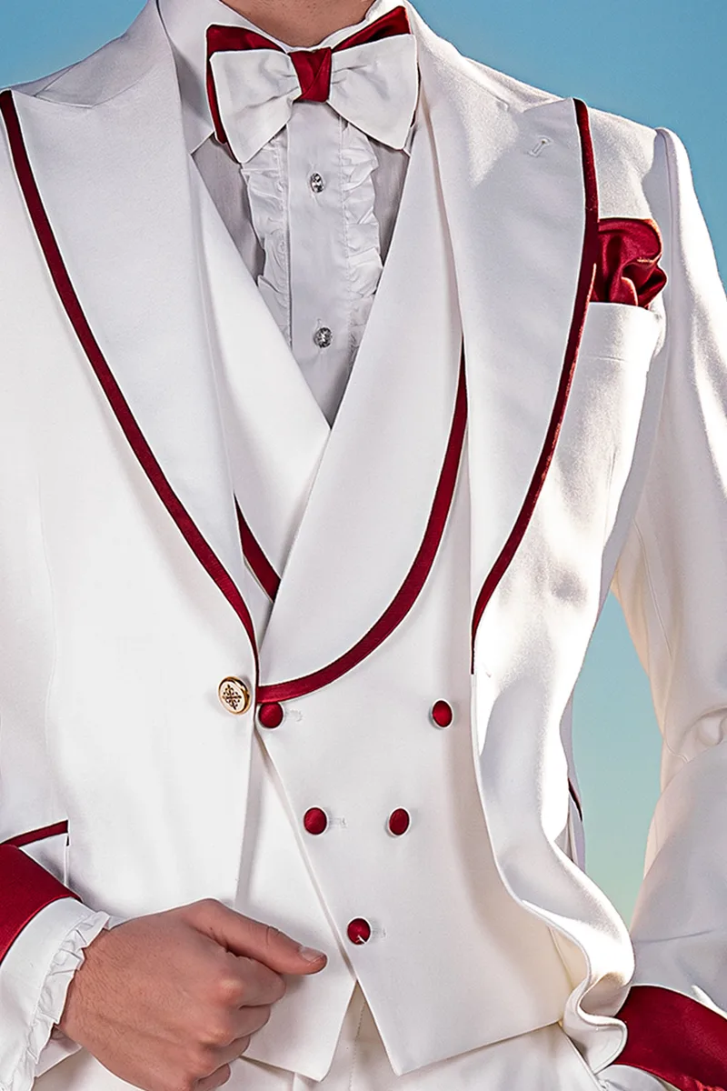 Gilet doppiopetto sciallato bianco con bordino rosso