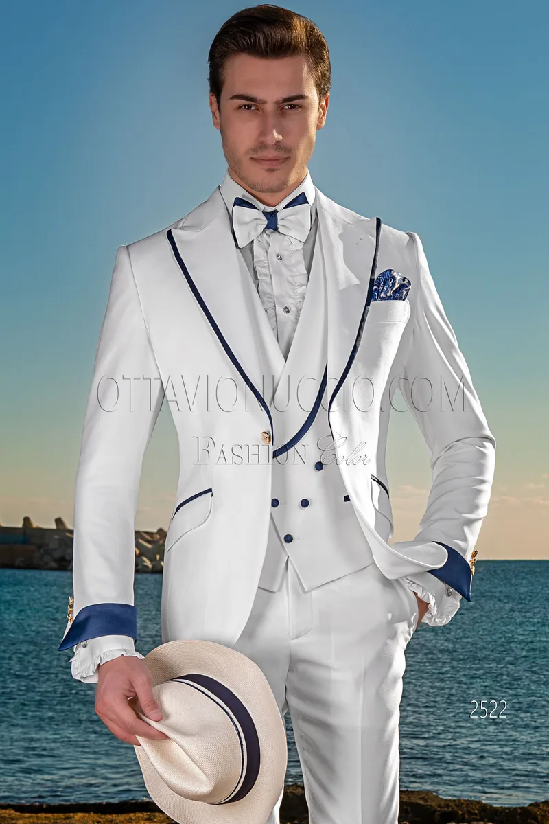 White made-to-measure fashion formal suit, sleeves and lapel with blue contrasts 1
