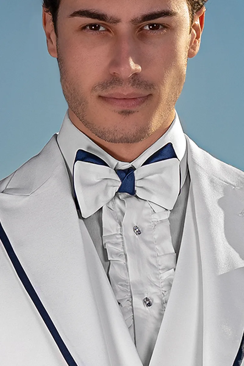 White made-to-measure fashion formal suit, sleeves and lapel with blue contrasts 2