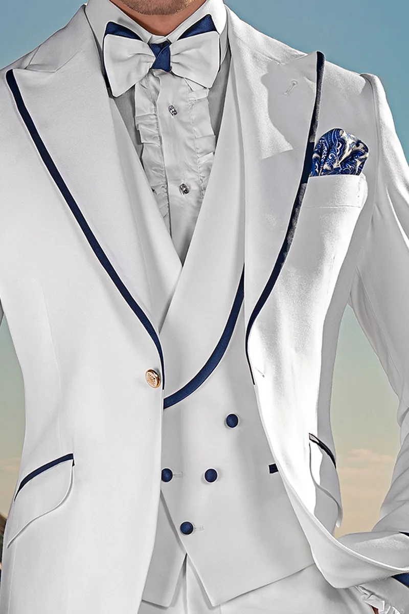 Gilet doppiopetto sciallato seta grigio perla con bordino blu