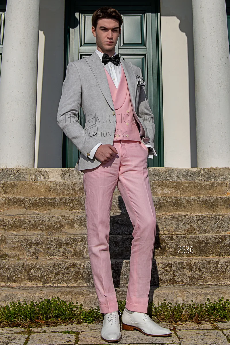 Traje de ceremonia hombre de verano en puro lino gris y rosa 1