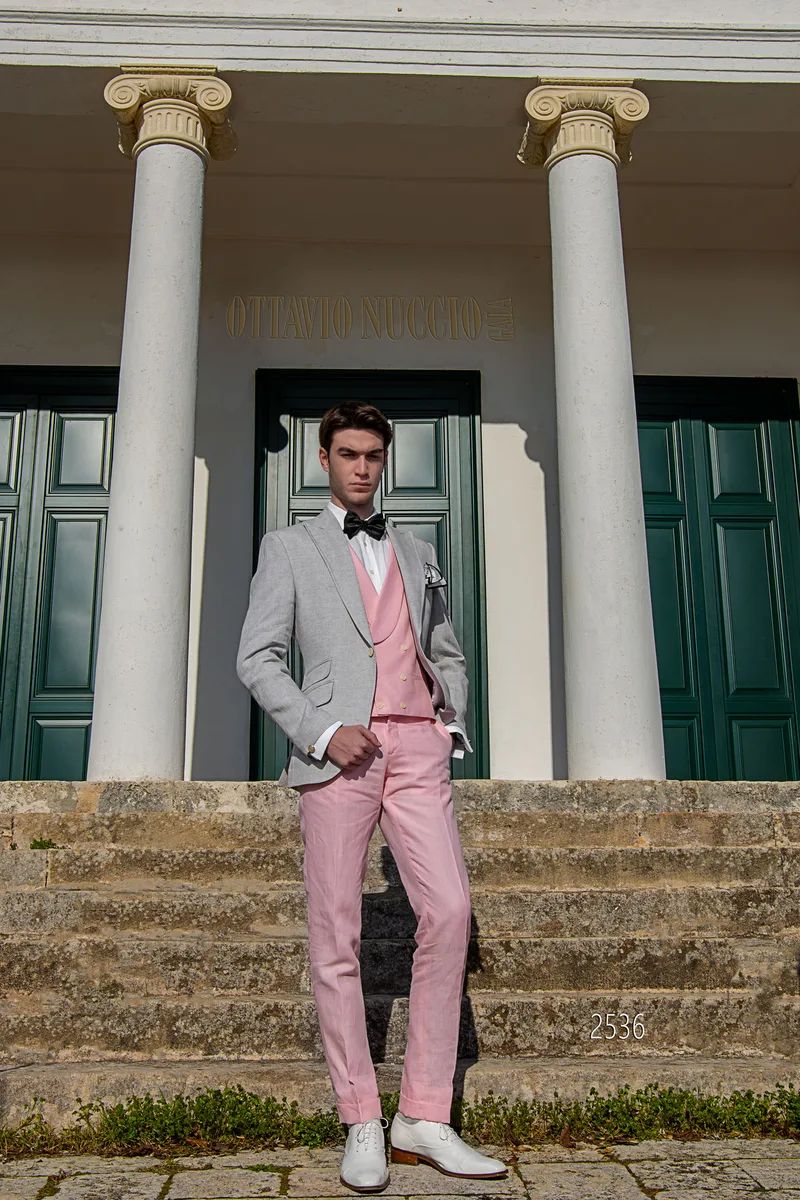 Traje de ceremonia hombre de verano en puro lino gris y rosa 2