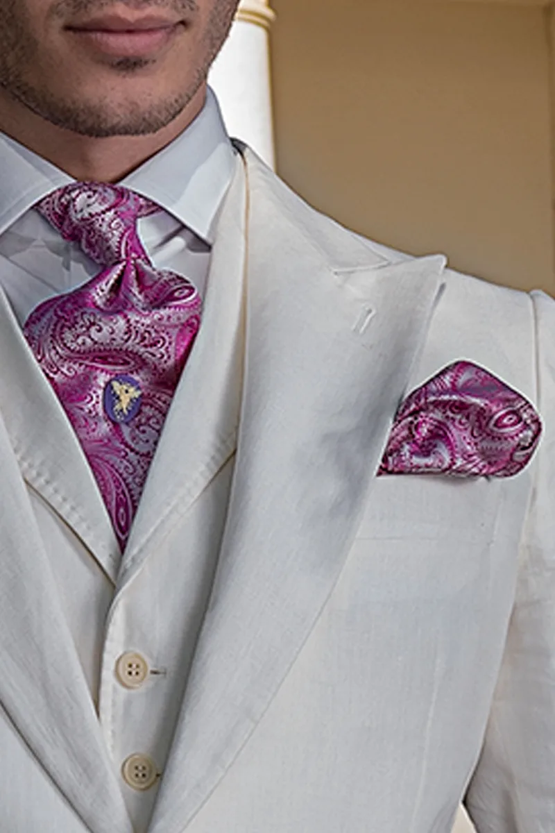 Cravattone e Fazzoletto in seta cachemire grigio perla con rosa