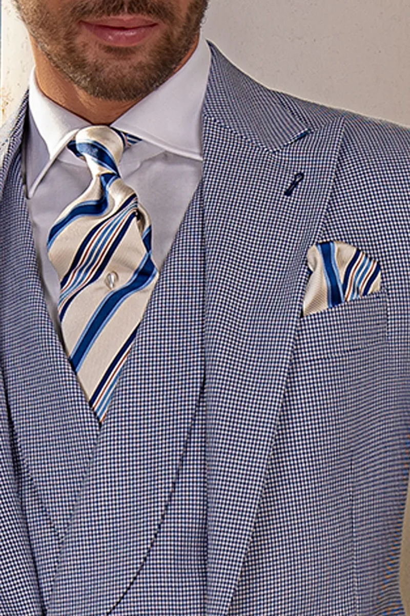 Cravatta e fazzoletto seta jacquard righe blu royal su fondo bianco