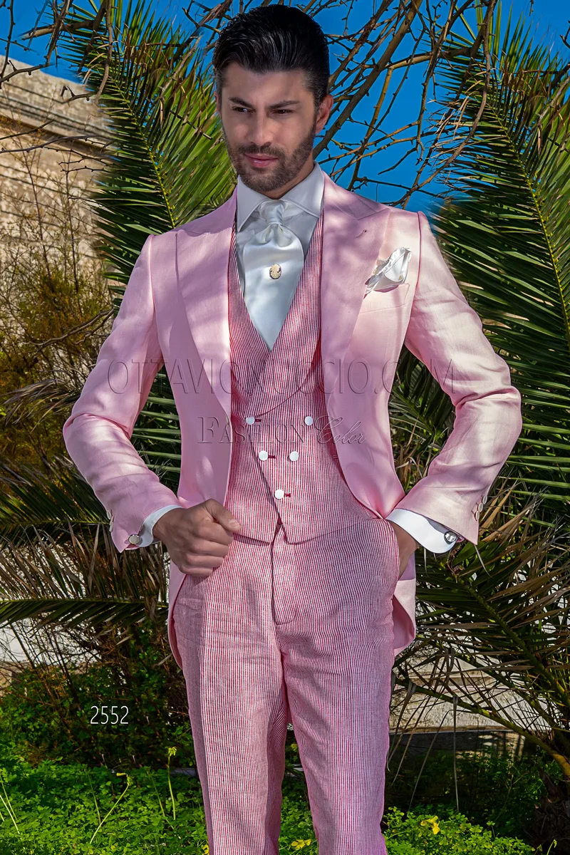 Cut im Vintage-Stil aus reinem rosa Leinen für die Sommerhochzeit mit Weste und Hose 1