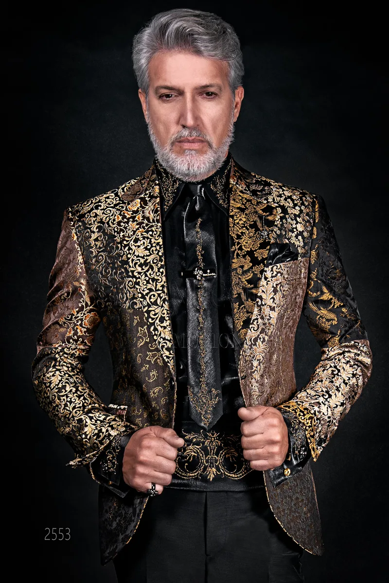 Distinctive men's suit with gold patchwork silk jacket 1