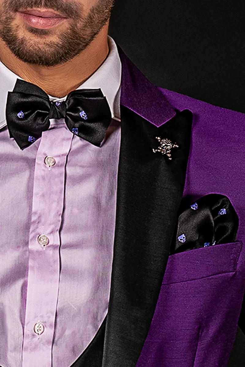 Papillon e Fazzoletto in seta nero con teschi viola