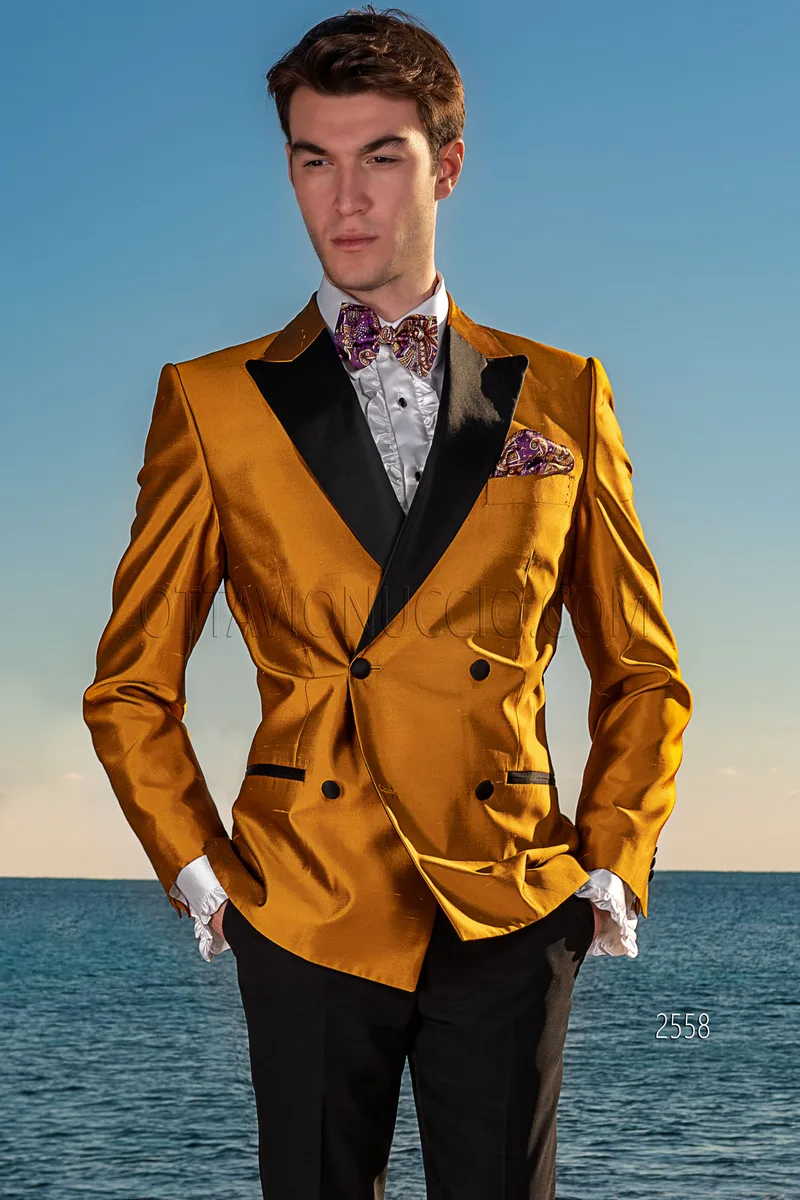 Zweireihiger Herrenanzug aus goldenem Shantung-Seidenmisch mit schwarzer Hose 1