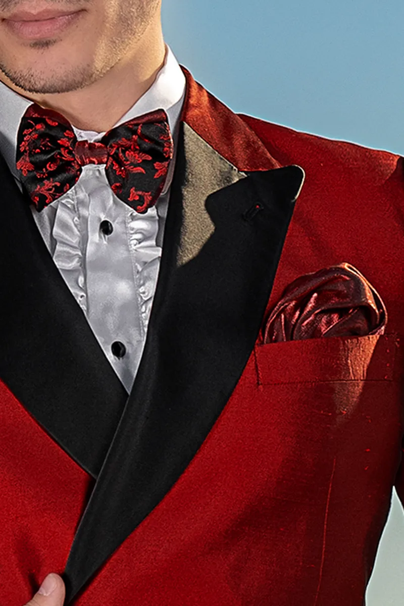 Papillon seta nero rosso e fazzoletto lurex rosso