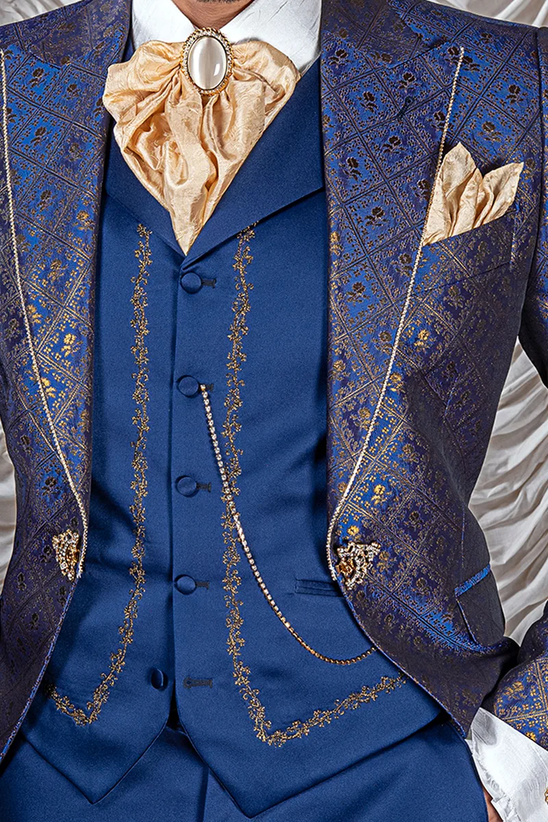 Gilet in raso blu ricamato nero oro