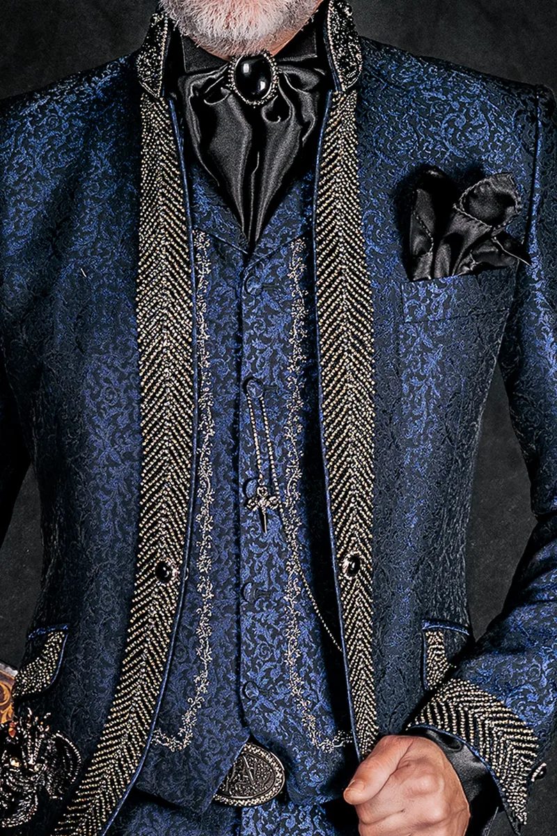 Gilet con rever broccato blu ricamato nero argento
