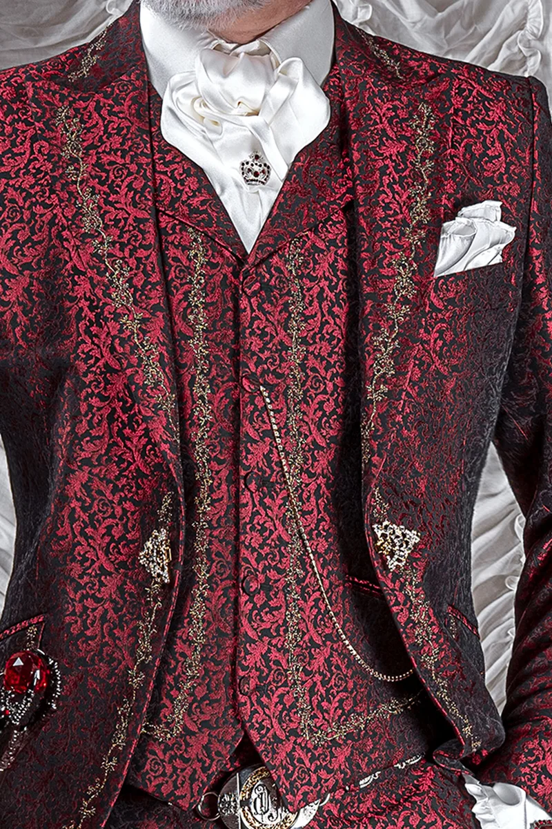 Gilet con rever broccato rosso ricamato oro