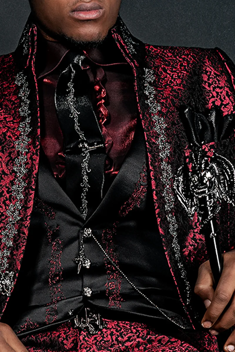 Gilet in raso nero con greca ricamata rossa
