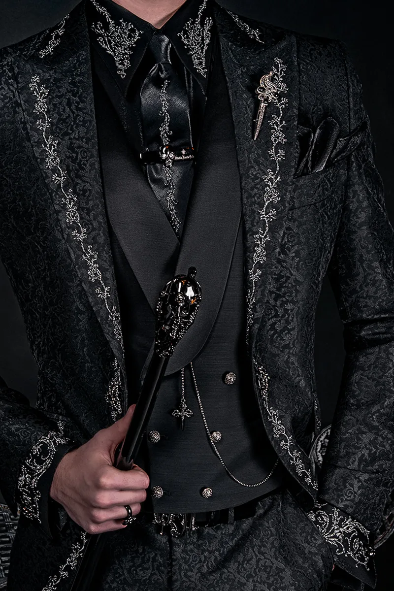 Camicia e Cravatta in tessuto lurex nero con ricamo