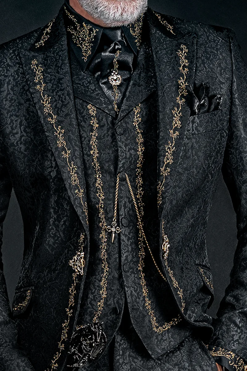 Gilet con rever broccato nero ricamato nero oro