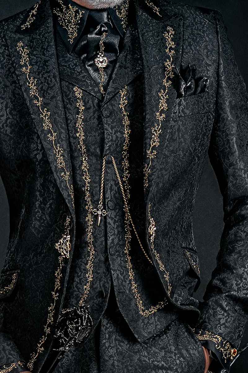 Camicia e cravatta lurex nero ricami oro