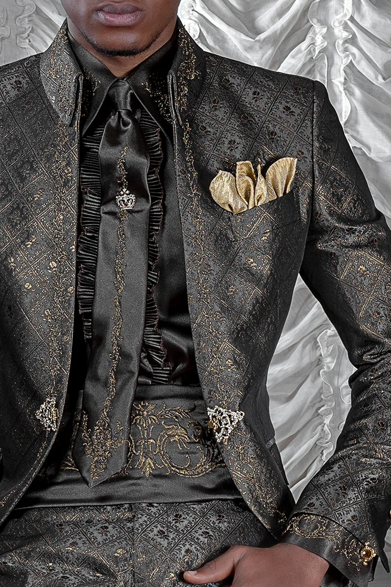 Camicia e accessori in raso microfibra marrone con ricamo drago nero-oro