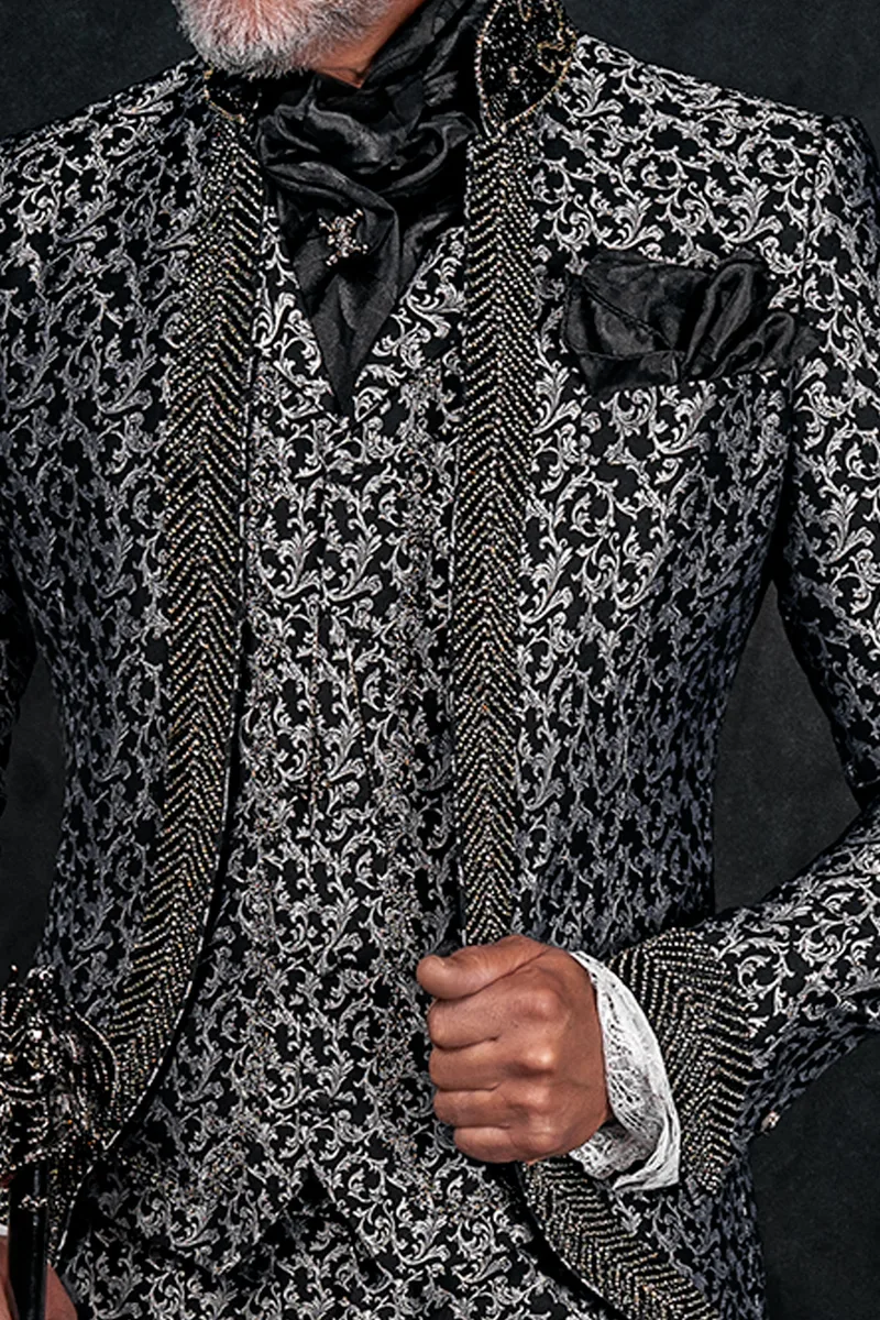 Gilet damascato con ricamo nero-argento