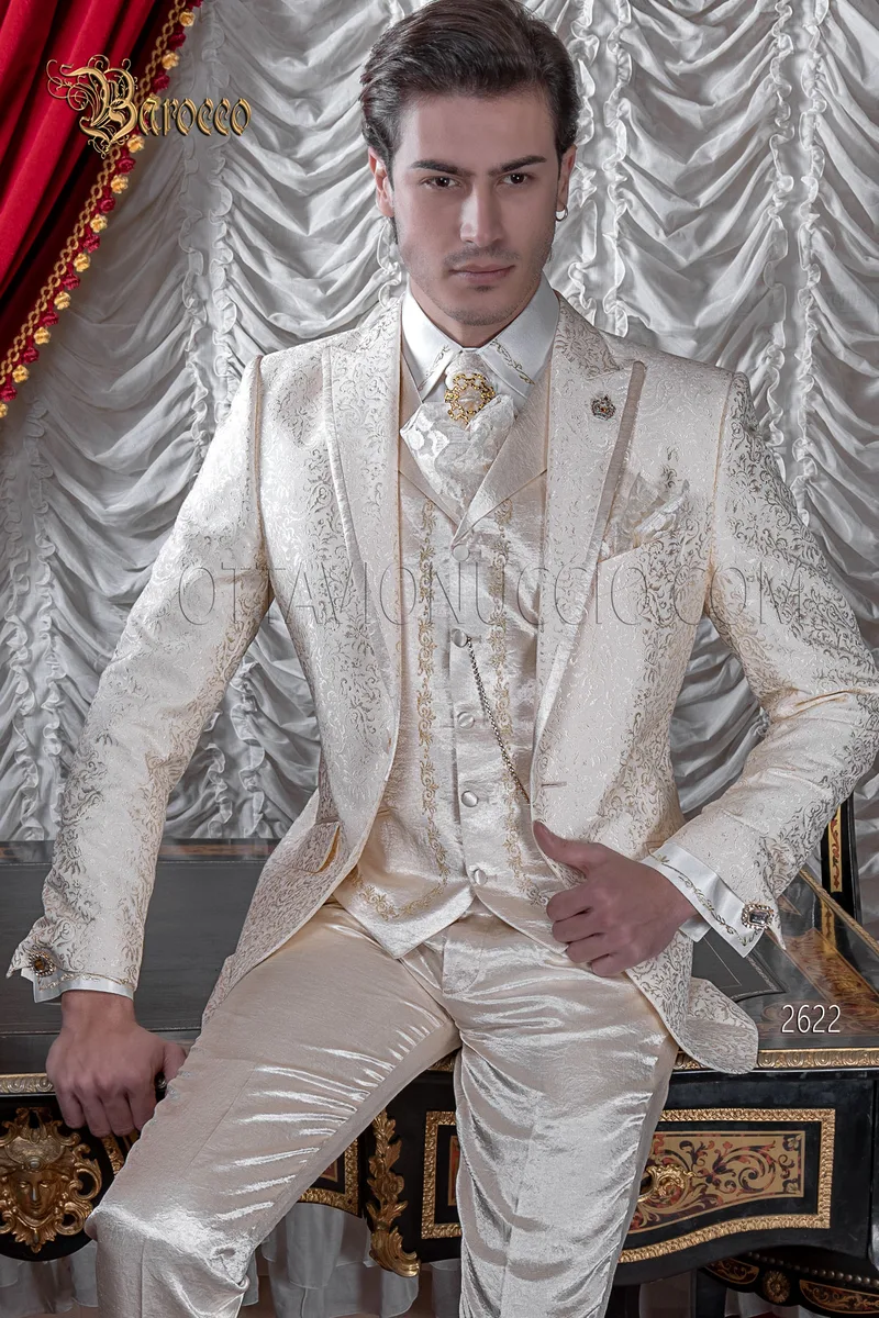 Men's beige baroque style damask wedding suit 1