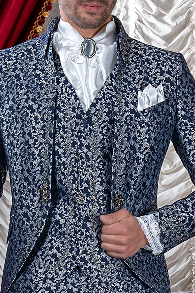 Gilet damascato blu con ricamo color nero-argento