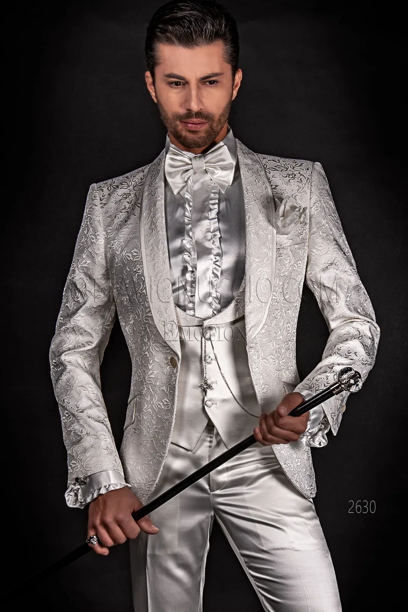 Smoking-Hochzeitsanzug aus weißem Damast, Hose und Weste aus Satin 1
