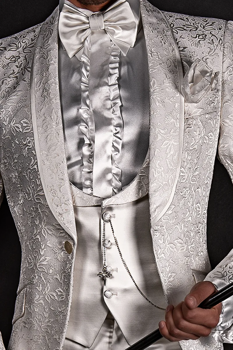 Gilet sciallato misto lana raso bianco rever broccato bianco
