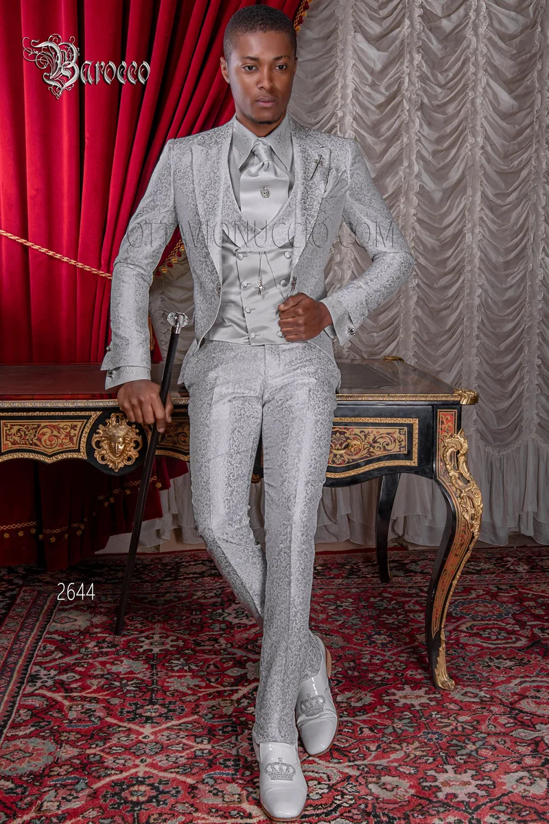 Men's baroque fashion groom suit in pearl grey damask with cane 1