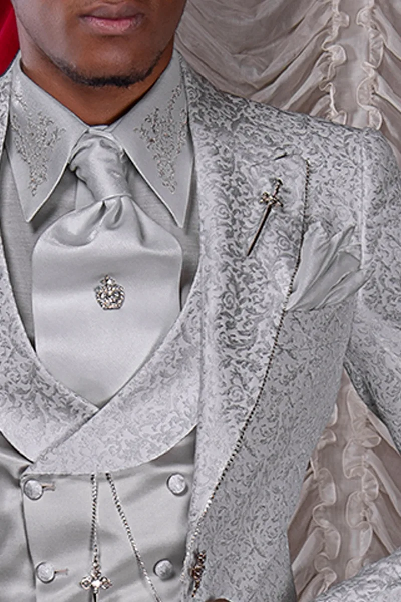 Cravattone da annodare e fazzoletto in lurex grigio perla