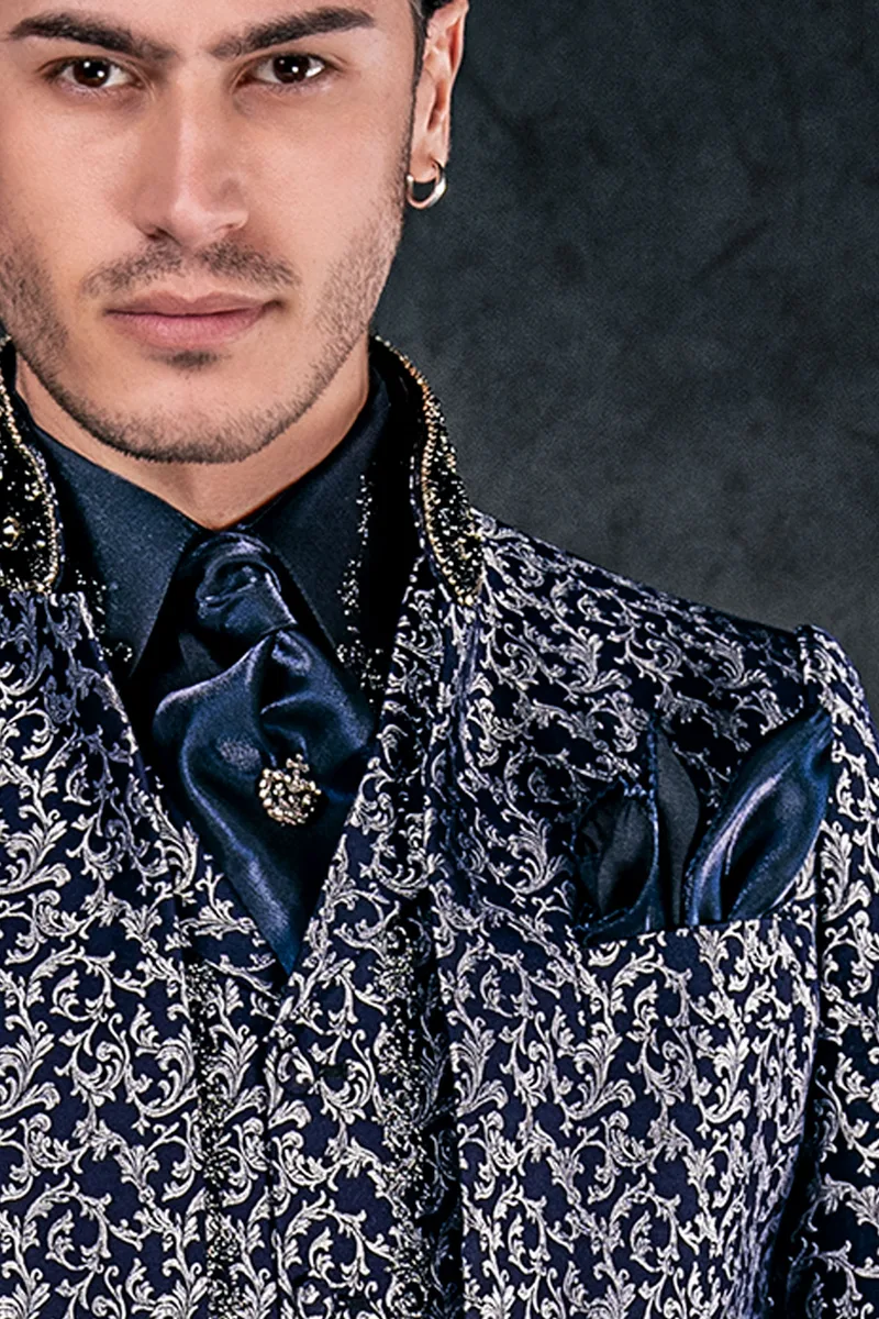 Cravattone e fazzoletto in lurex blu