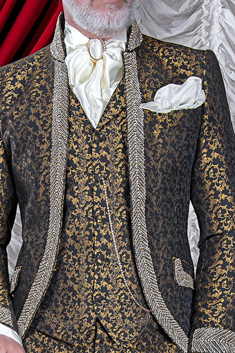 Gilet damascato con ricamo nero-oro