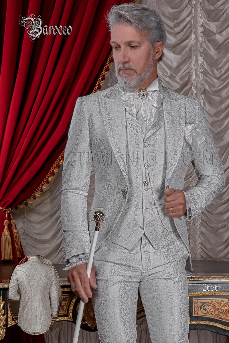Men's groom suit embroidered in silver on pearl grey brocade fabric 1