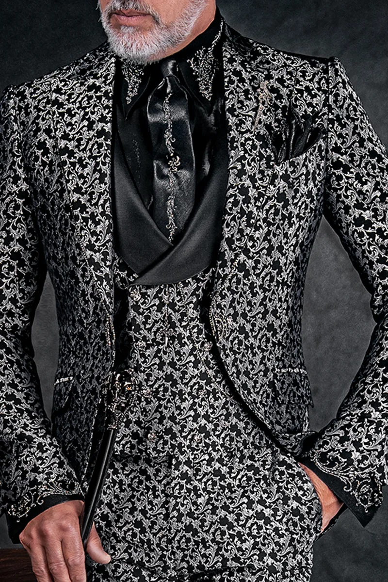 Camicia e Cravatta in tessuto lurex nero con ricamo