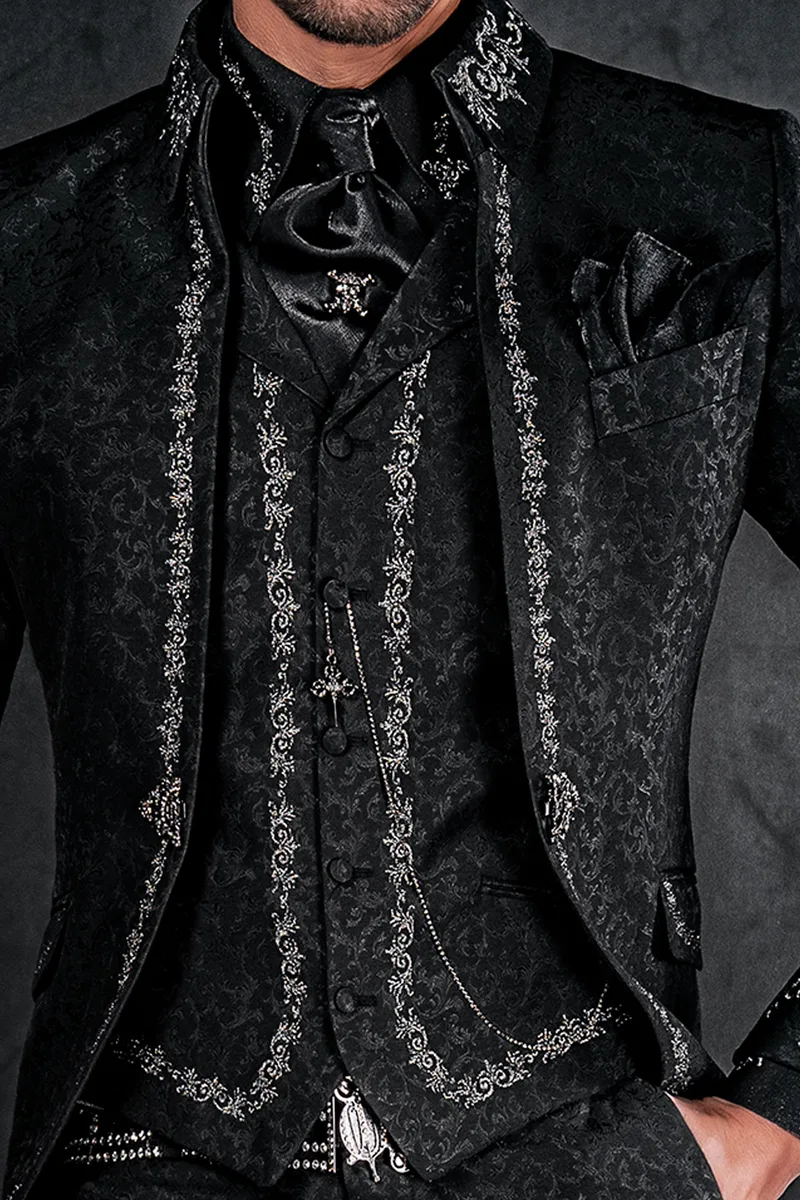 Gilet damascato nero con ricamo nero-argento