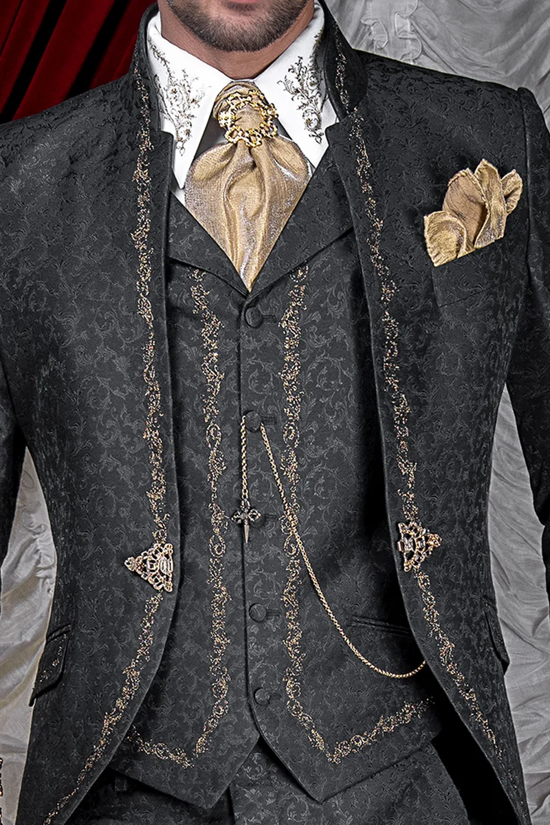 Gilet damascato nero con ricamo nero-oro