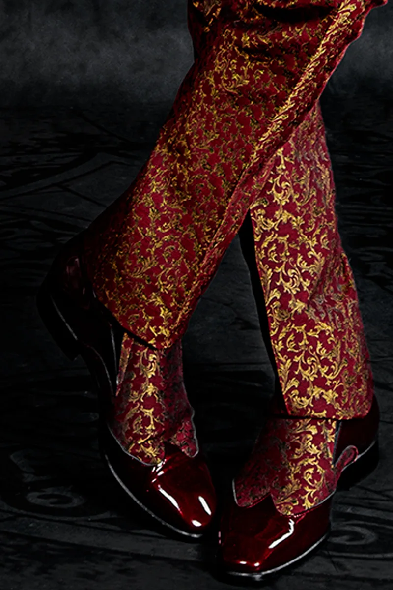 Scarpa bicolore vernice rossa inserto broccato rosso oro