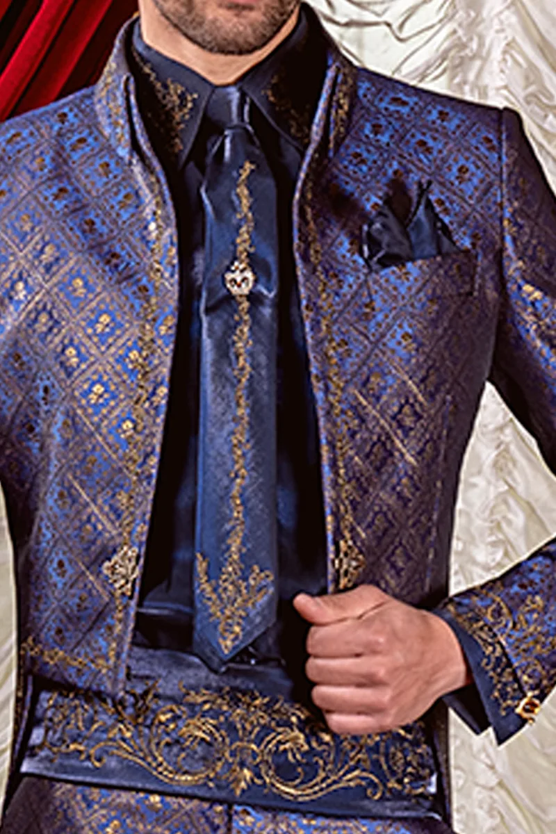 Camicia, Cravatta e Fascia in tessuto lurex blu con ricamo nero-oro